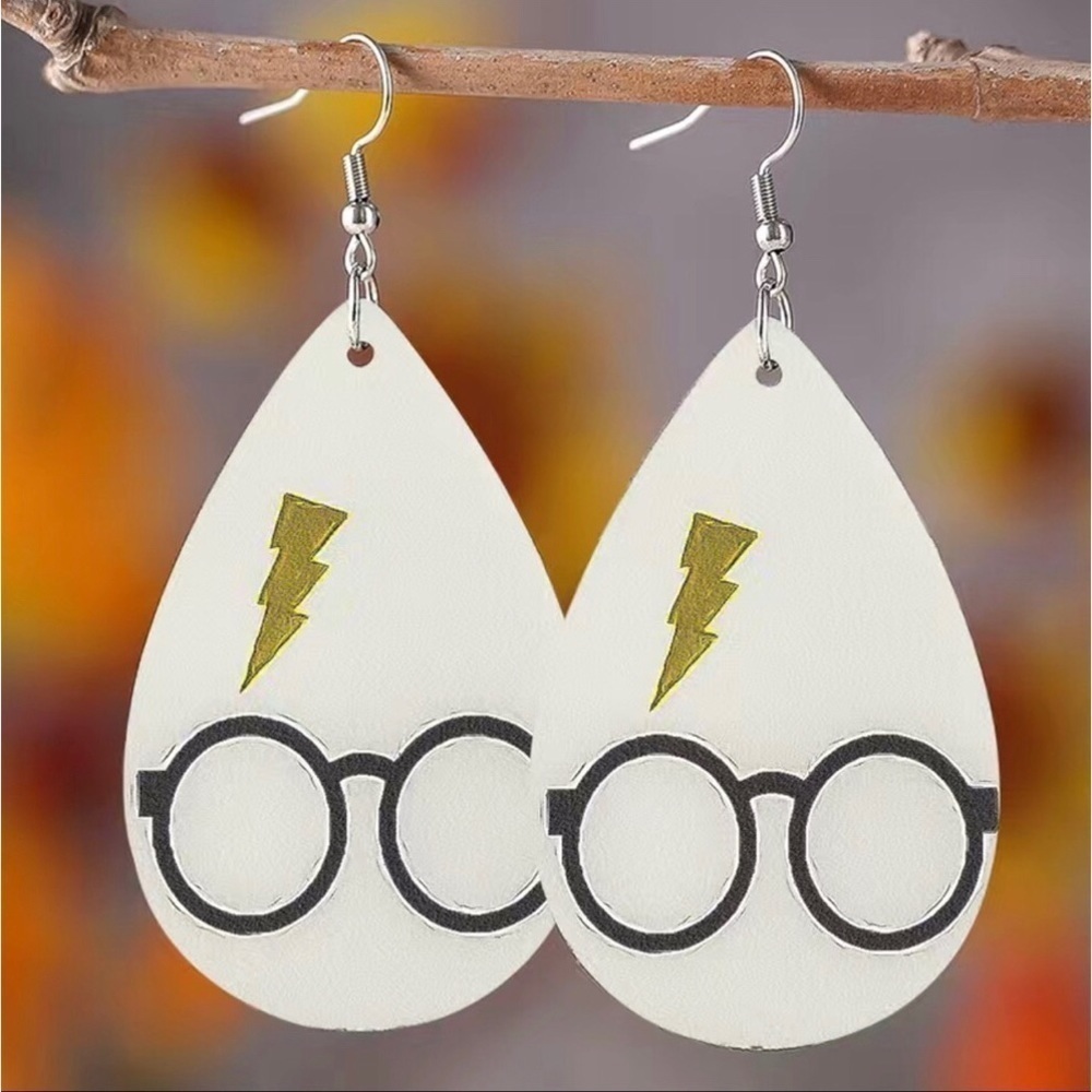Harry Potter Leather Dangle Earrings, White, Black, Lime Green - Picture 1 of 14